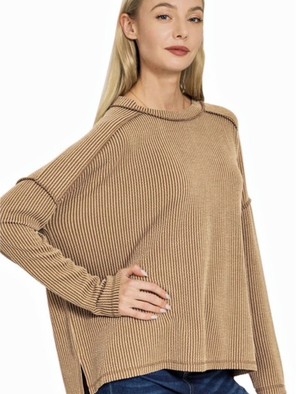 Raised rib raw edge boat neck long sleeve top - ZENANA RTL-8452A5 size small/Med